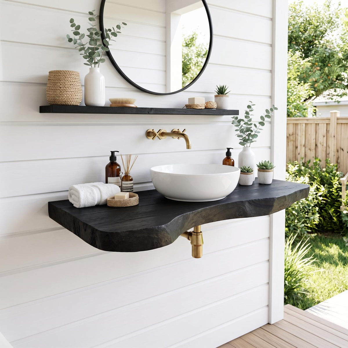 Spry Interior Rustic Live Edge Wood Bathroom Vanity, Floating Single Basin Sink Cabinet, Wall-Mounted Wood Under Sink Storage Unit