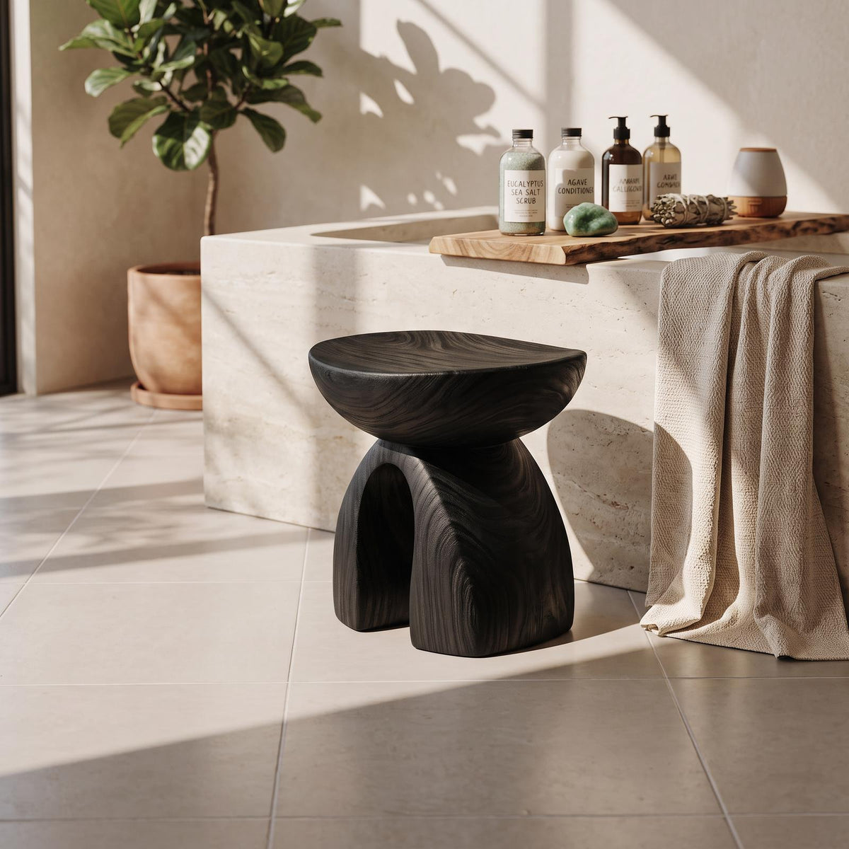 Rustic Solid Wood Shower Bench, Handcrafted Waterproof Bathroom Bath Stool & Spa Seating Organizer Chair