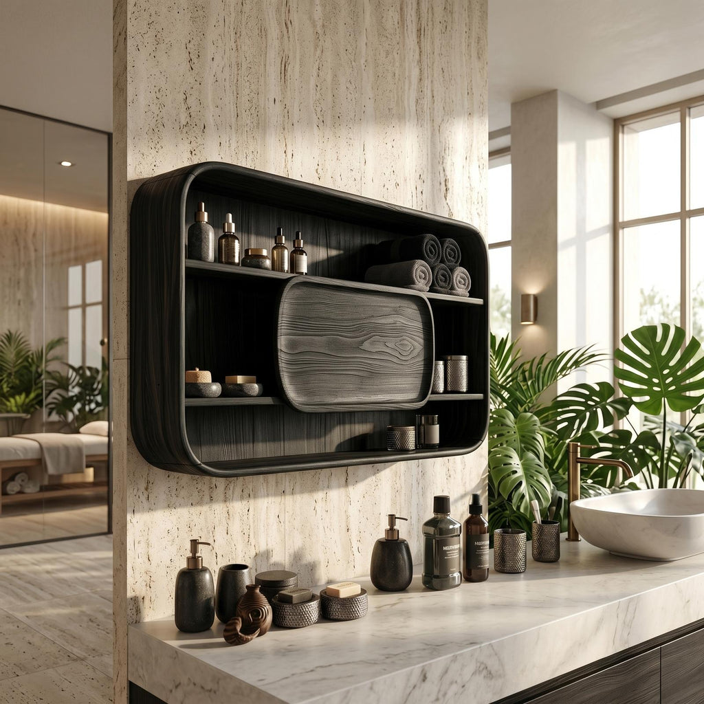 Spry Interior Contemporary Rounded Bathroom Cabinet, Solid Wood Luxury Suite Vanity Organiser Credenza, SILDTTRBRC011