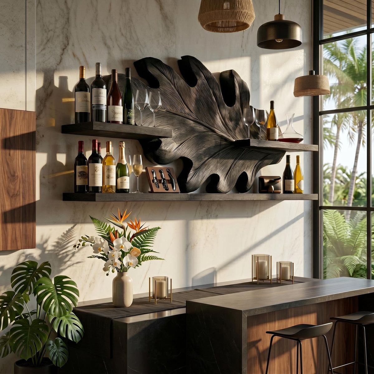 Farmhouse Wall-Mounted Wooden Wine Rack, Hallway Bottle & Glass Holder Cabinet, Rustic Bar Storage Storage