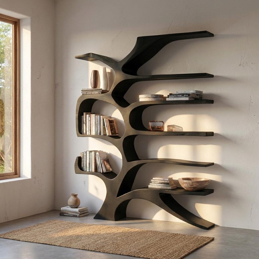 Contemporary Sculpted Wooden Bookshelf For Living Room Decor RTTHHNBS153
