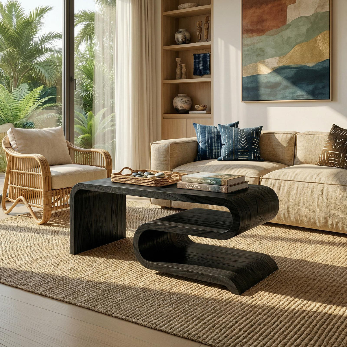 Modern Curved Solid Wood Coffee Table, Minimalist Sculptural Center Table for Living Room Lounge, Contemporary