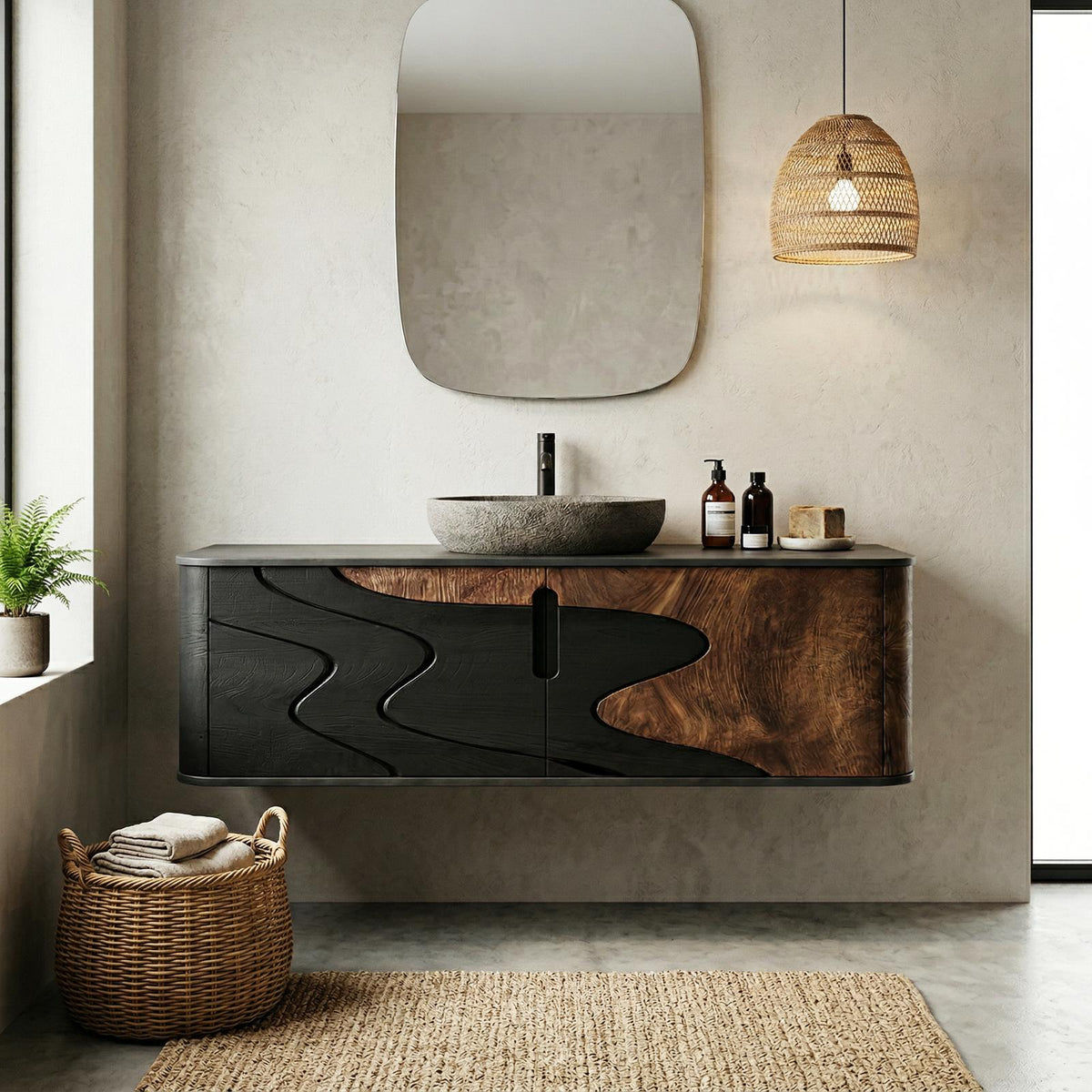 Organic Flow Bathroom Vanity Solid Wood Curved Front Storage Bathroom SINLHABCT018