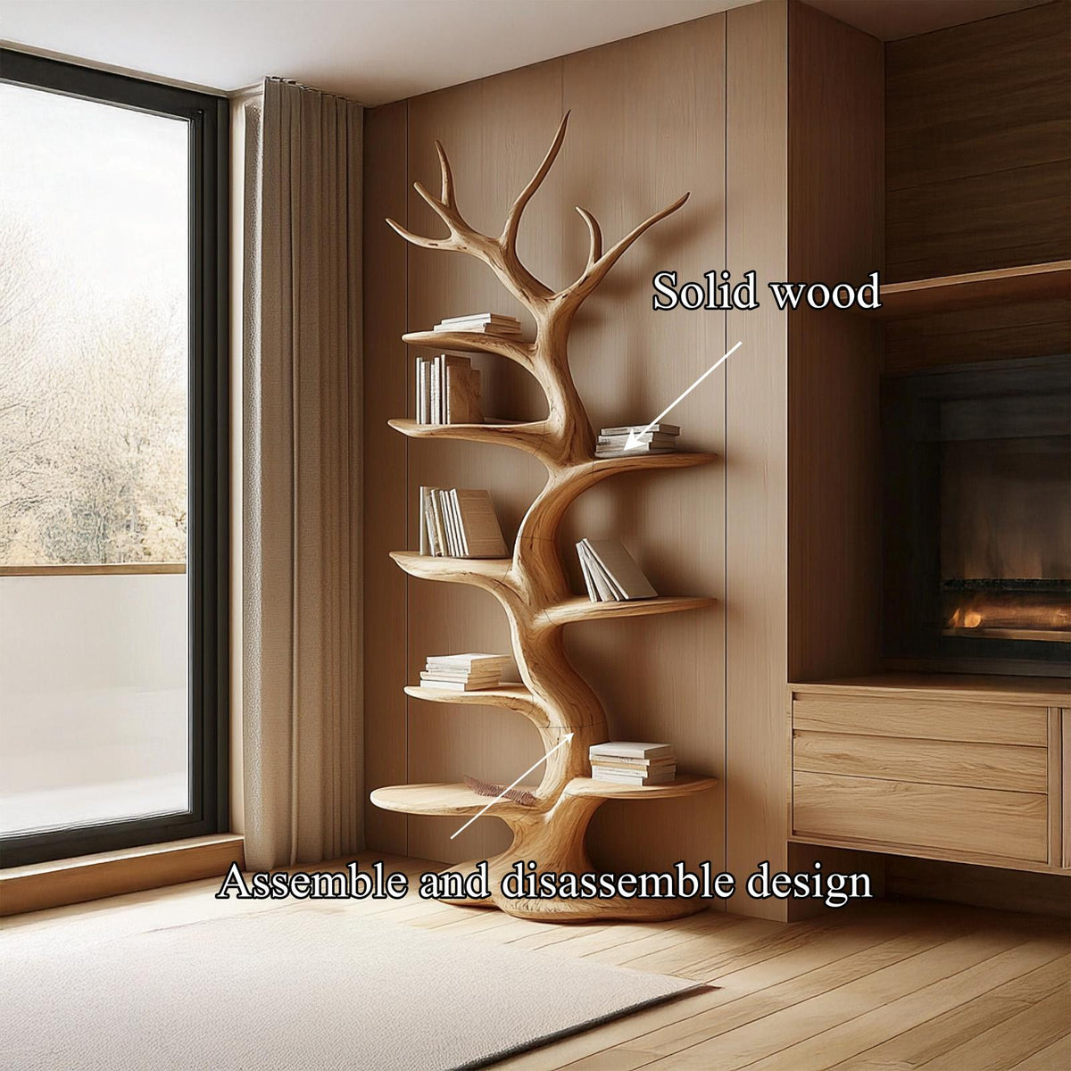 Rustic Tree Bookshelf, Solid Wood Large Wall Unit Bookcase & Handcrafted Floating Display Organizer for Living Room