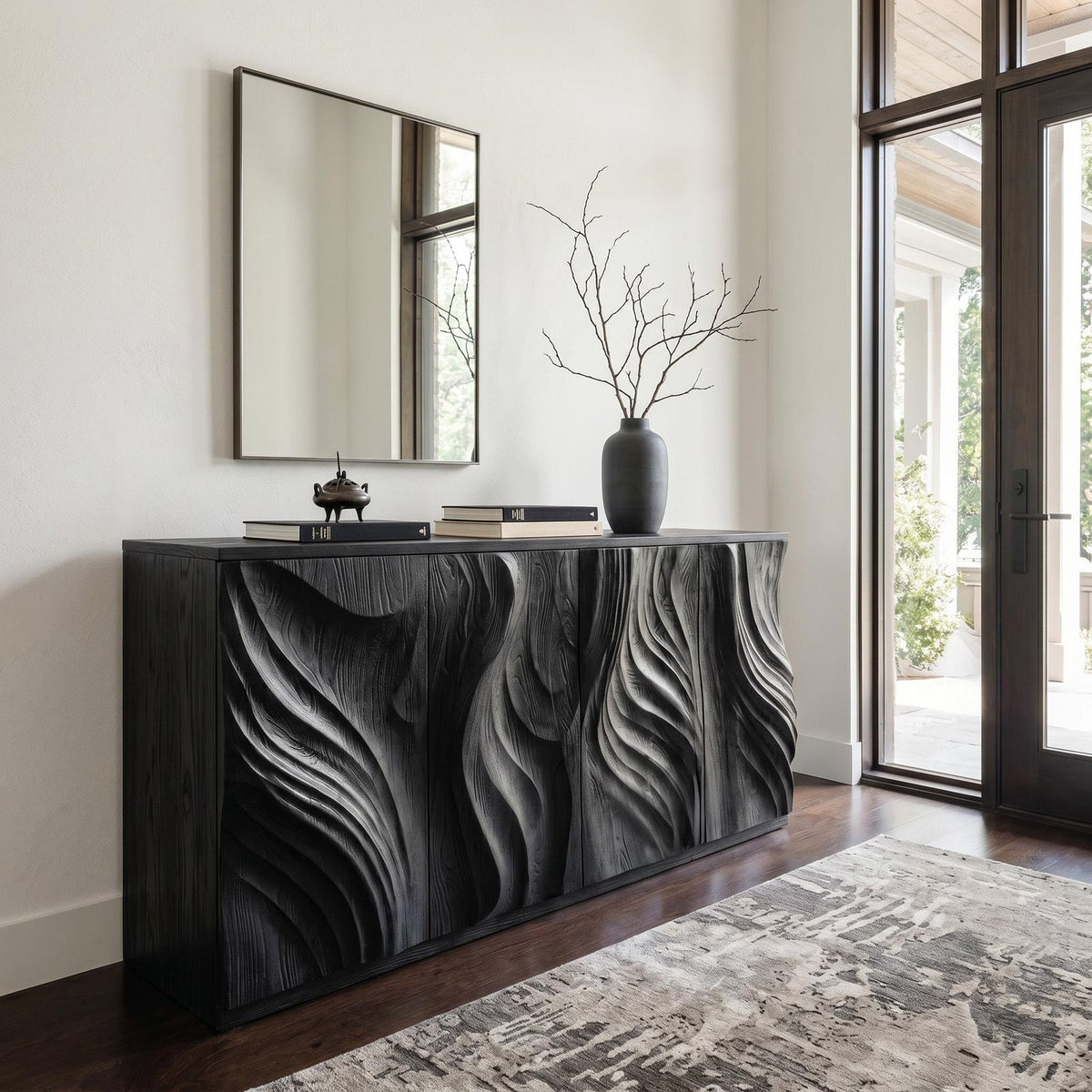 Spry Interior Luxury Solid Wood Credenza with Sculpted Doors, Mid-Century Modern Sideboard Cabinet for Living Room Storage, RTTHHNSD006