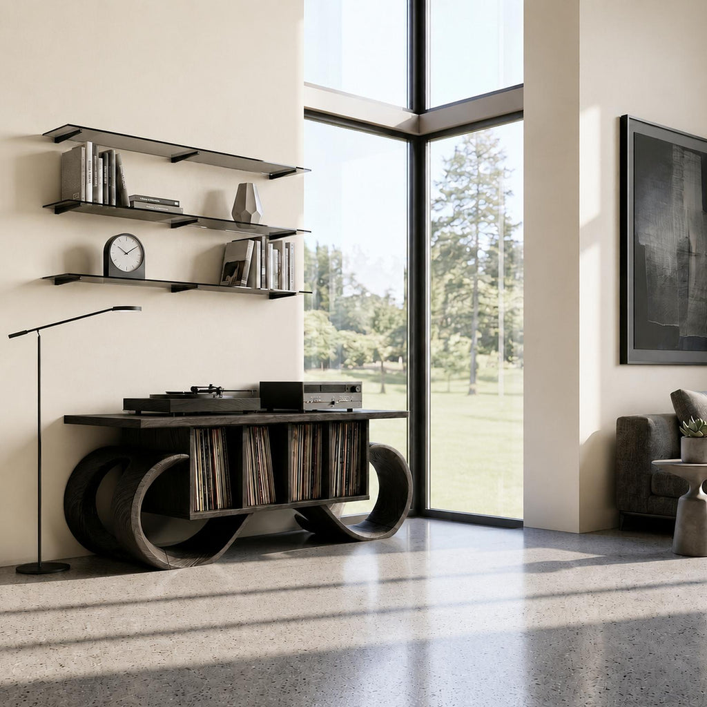Sculptural Loop Record Player Console, Handcrafted Curved Wood Turntable Stand & Vinyl Storage Cabinet, Model