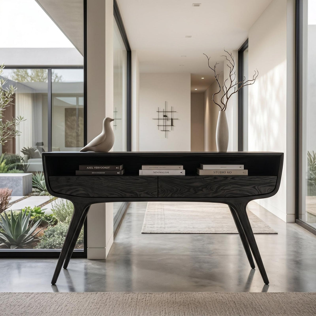 Mid Century Curved Console Table With Drawers For Entryway