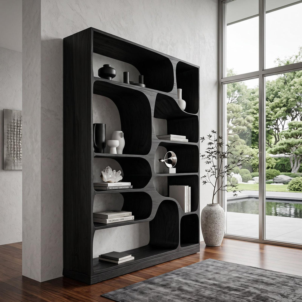 Artistic Wood Bookcase, Handcrafted Sculptural Bookshelf with Open Shelving for Living Room, Bedroom & Office