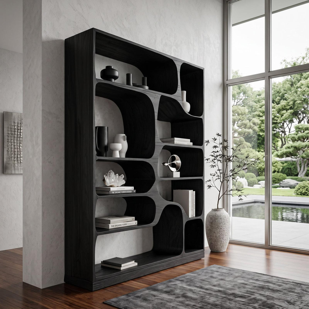 Artistic Wood Bookcase, Handcrafted Sculptural Bookshelf with Open Shelving for Living Room, Bedroom & Office