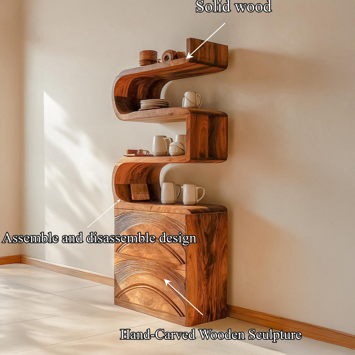 Spry Interior Organic Modern Wood Cabinet Shelf Unit, Handcrafted Storage Bookcase Credenza Sideboard for Living Room and Study, SINLSASC440