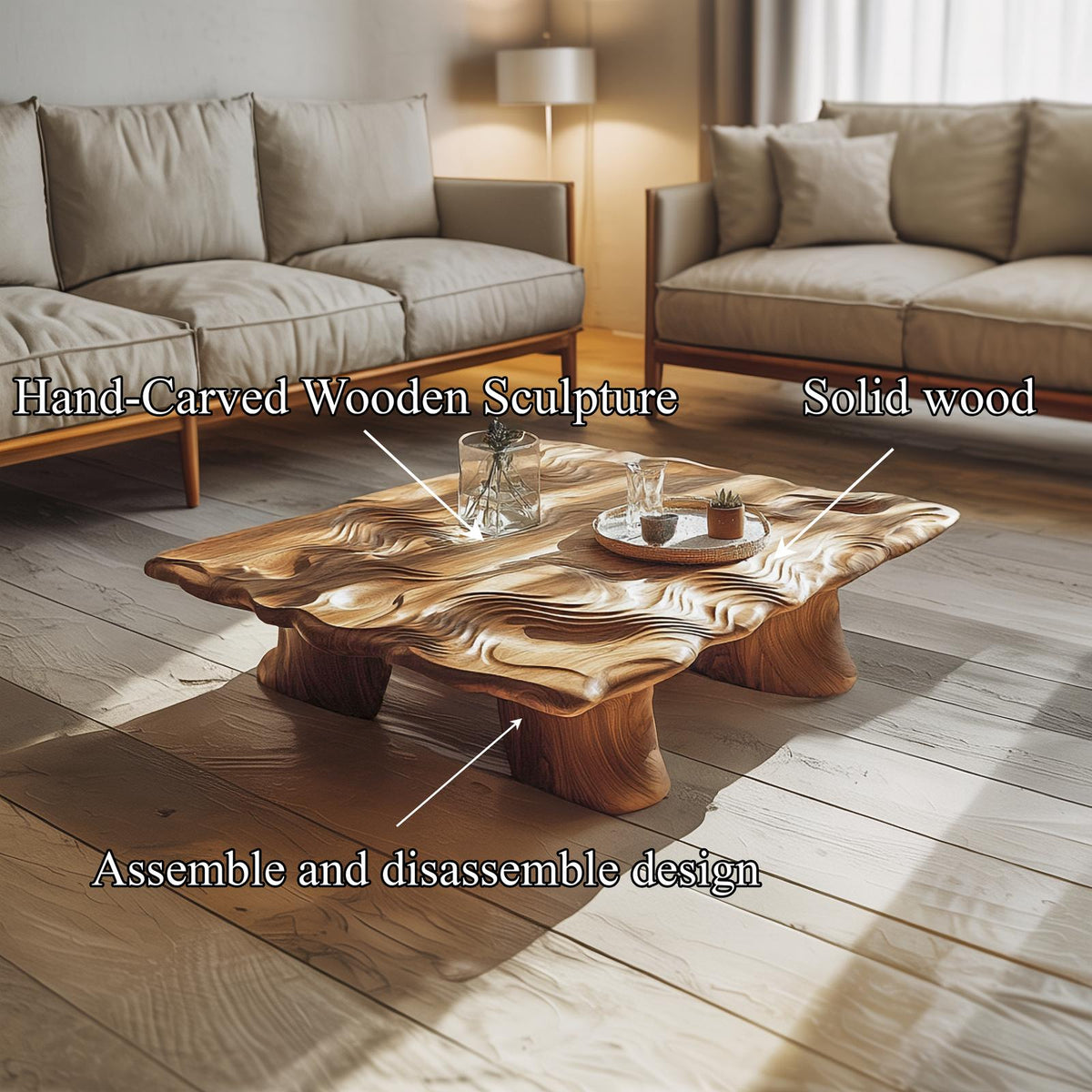 Handcrafted Organic Wood Coffee Table Living Room