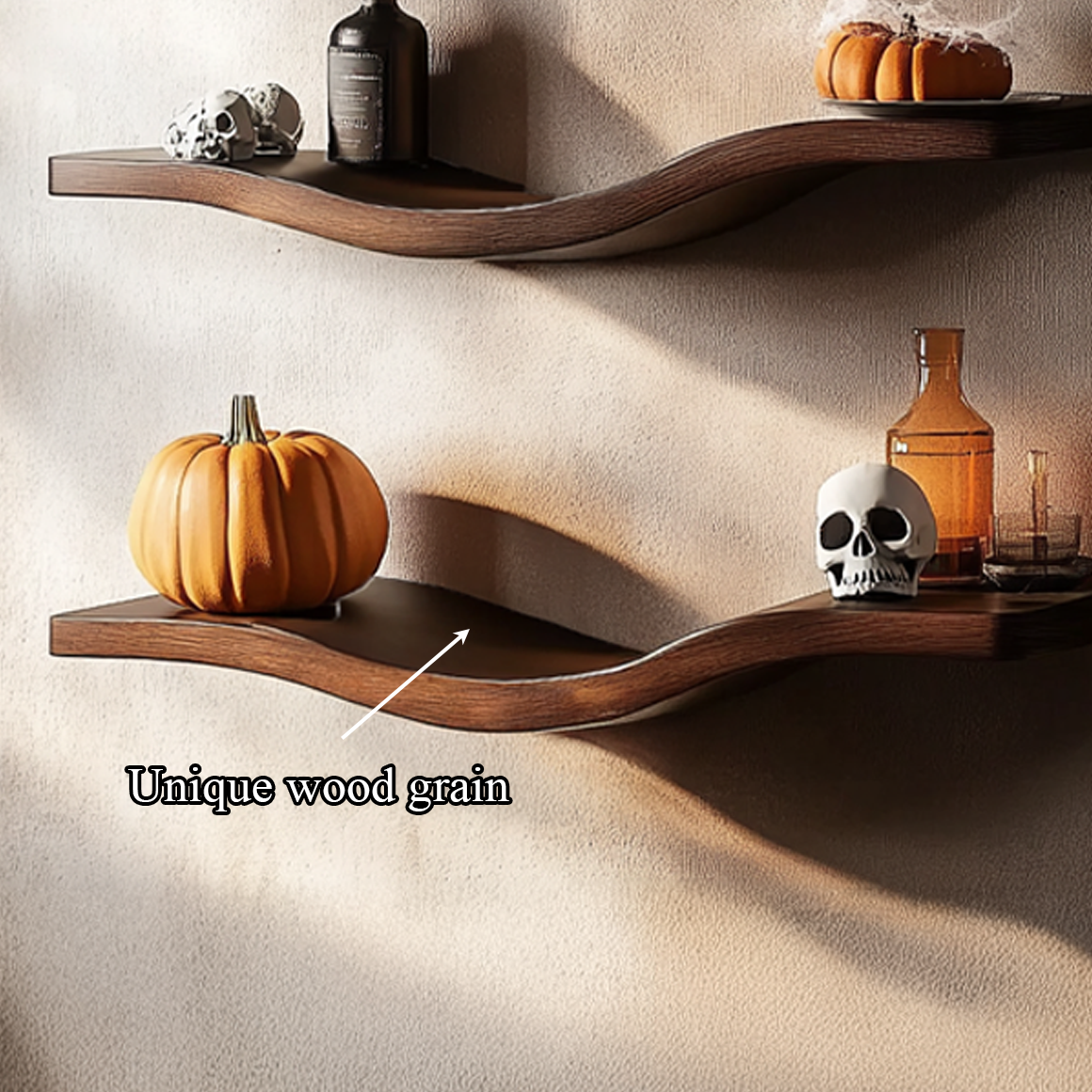 Mid Century Wavy Floating Shelf, Handcrafted Halloween Curved Wood Wall Mounted Display Shelf for Living Room