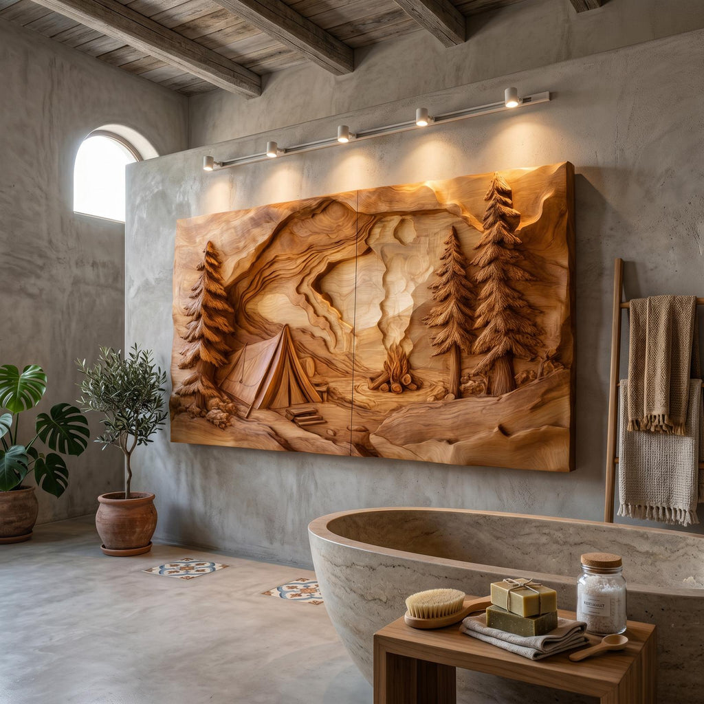Nature Inspired Forest Wood Wall Art, 3D Layered Wooden Tree Sculpture Sign Panel for Rustic Cabin Bedroom Decor