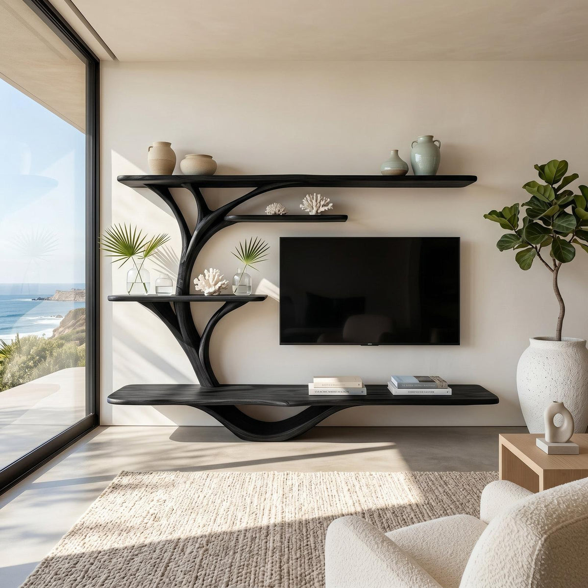 Organic TV Stand With Sculptural Branch Shelves For Living Room