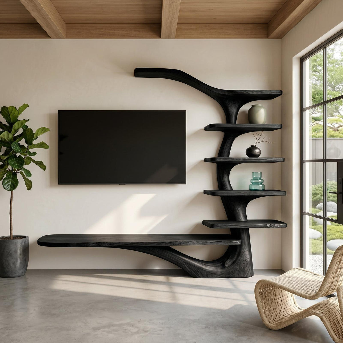Modern TV Stand With Tree Inspired Shelf For Living Room