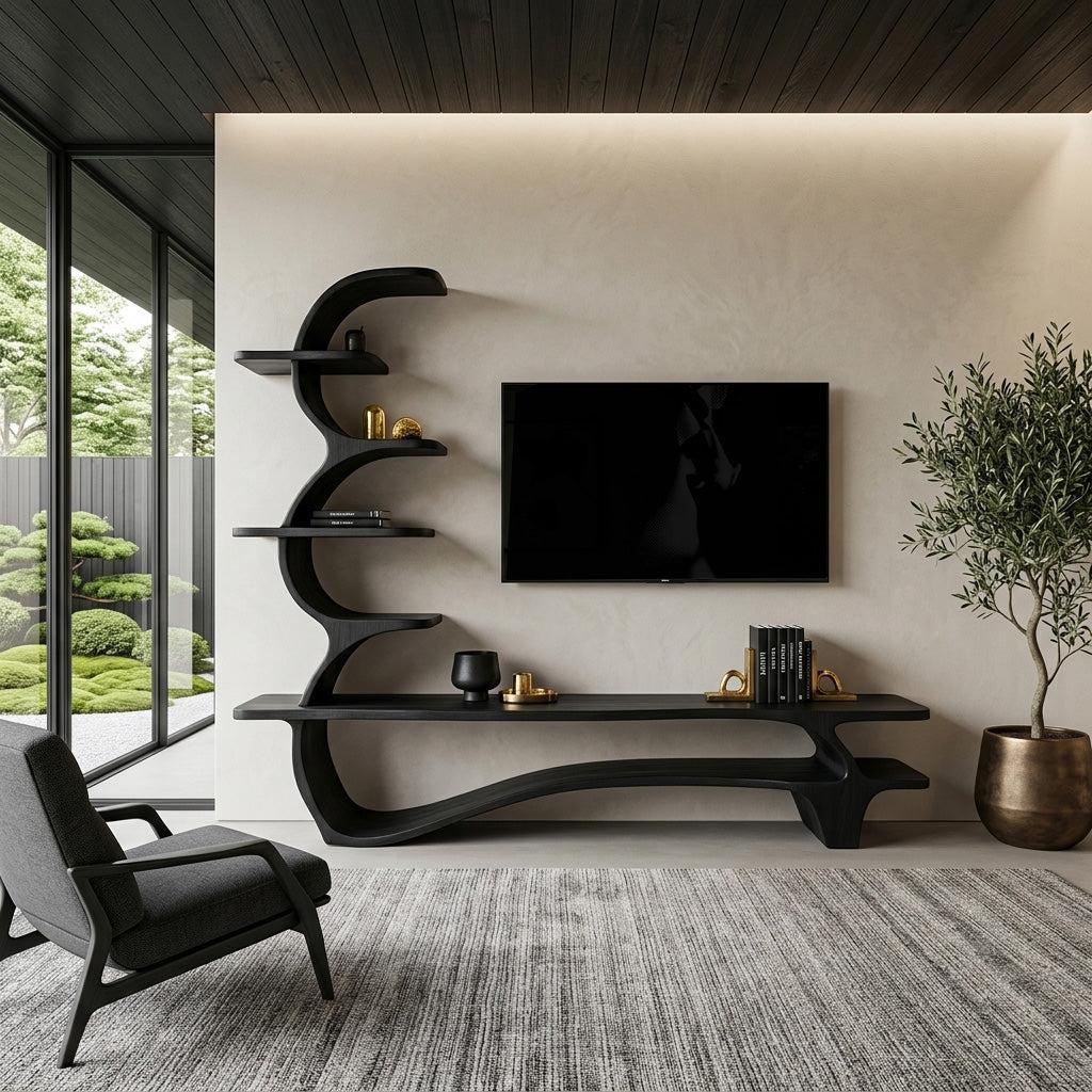 Organic Wood TV Stand With Side Curved Shelf For Living