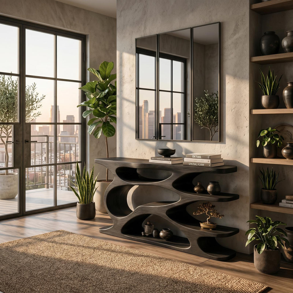 Rustic Wooden Console Table With Curved Open Storage For Living