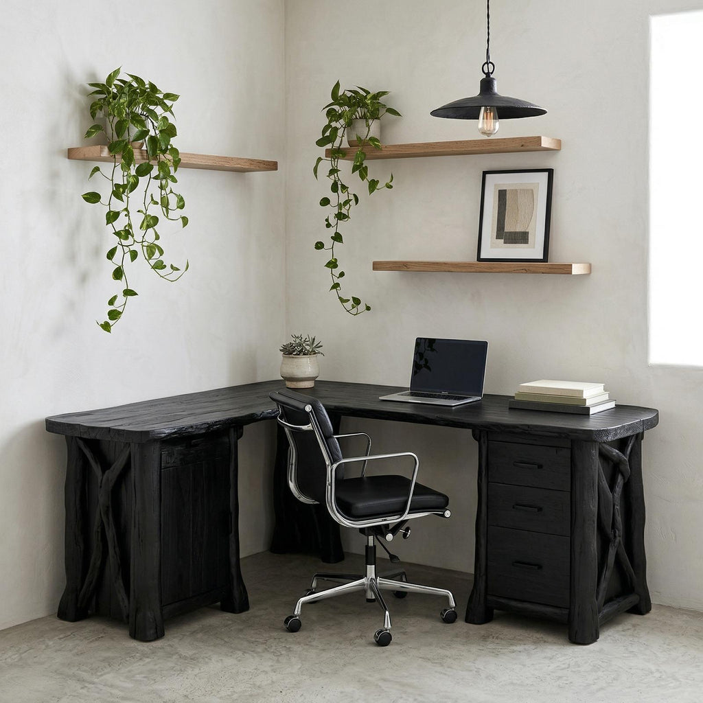Modern Rustic L-Shape Office Desk with Storage, Solid Wood Corner Workstation, Study Writing Table
