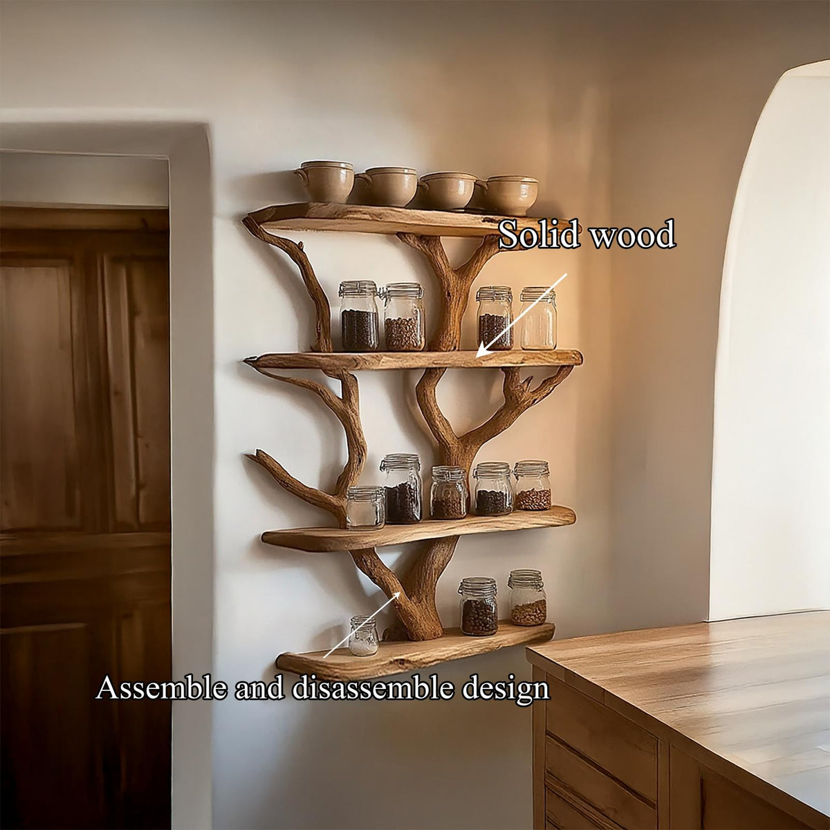 Rustic Organic Tree Kitchen Wall Shelf, Solid Wood Floating Branch Storage Display Organizer for Home Pantry