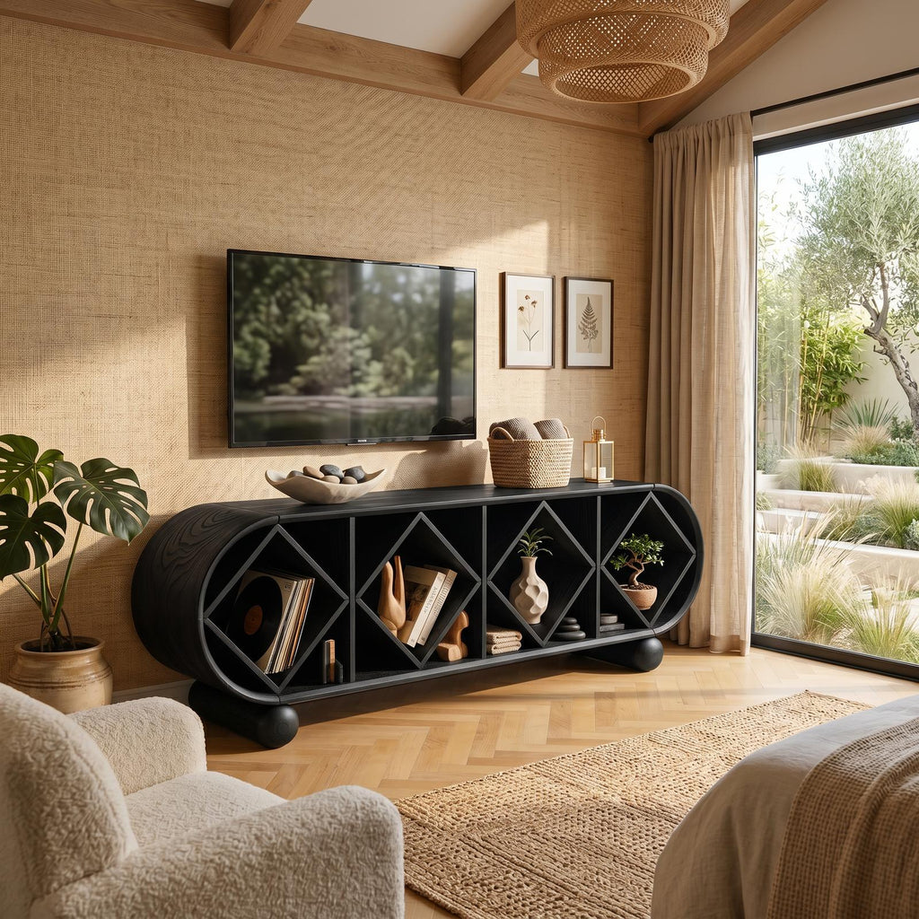 Contemporary Linear TV Console, Sleek Wooden Media Cabinet Sideboard for Living Room