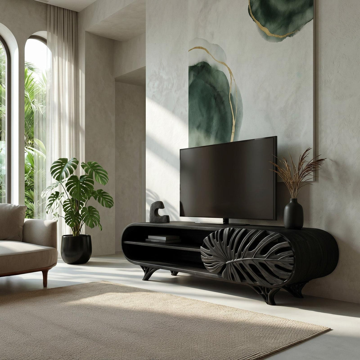 Modern Wooden TV Cabinet With Leaf Shape Door For Living