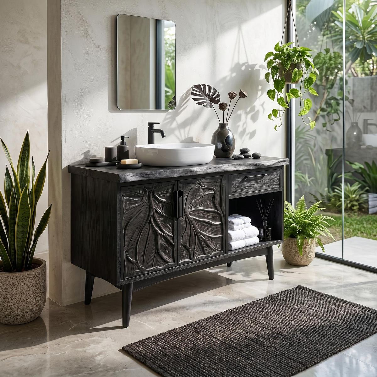 Tropical Wooden Vanity Cabinet with Carved Doors, Handcrafted Solid Wood Spa Bathroom Storage Console