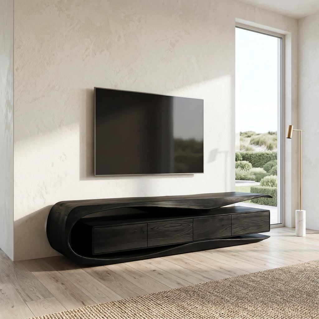 Modern Organic TV Console Table, Handcrafted Solid Wood Media Center Cabinet Sideboard Credenza for Living Room