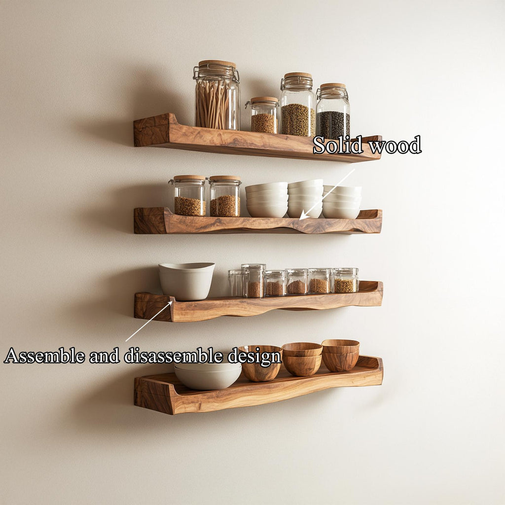 Rustic Wood Wall Organizer Shelf, Handcrafted Floating Spice Rack Cooking Utensils Storage for Kitchen Dining