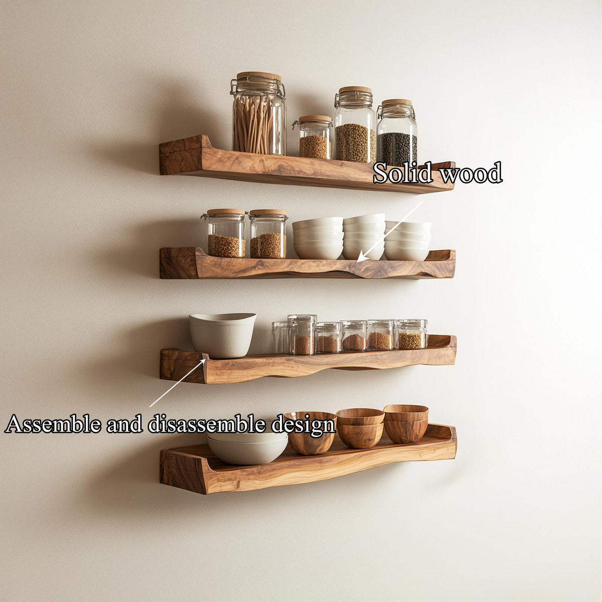 Rustic Wood Wall Organizer Shelf, Handcrafted Floating Spice Rack Cooking Utensils Storage for Kitchen Dining