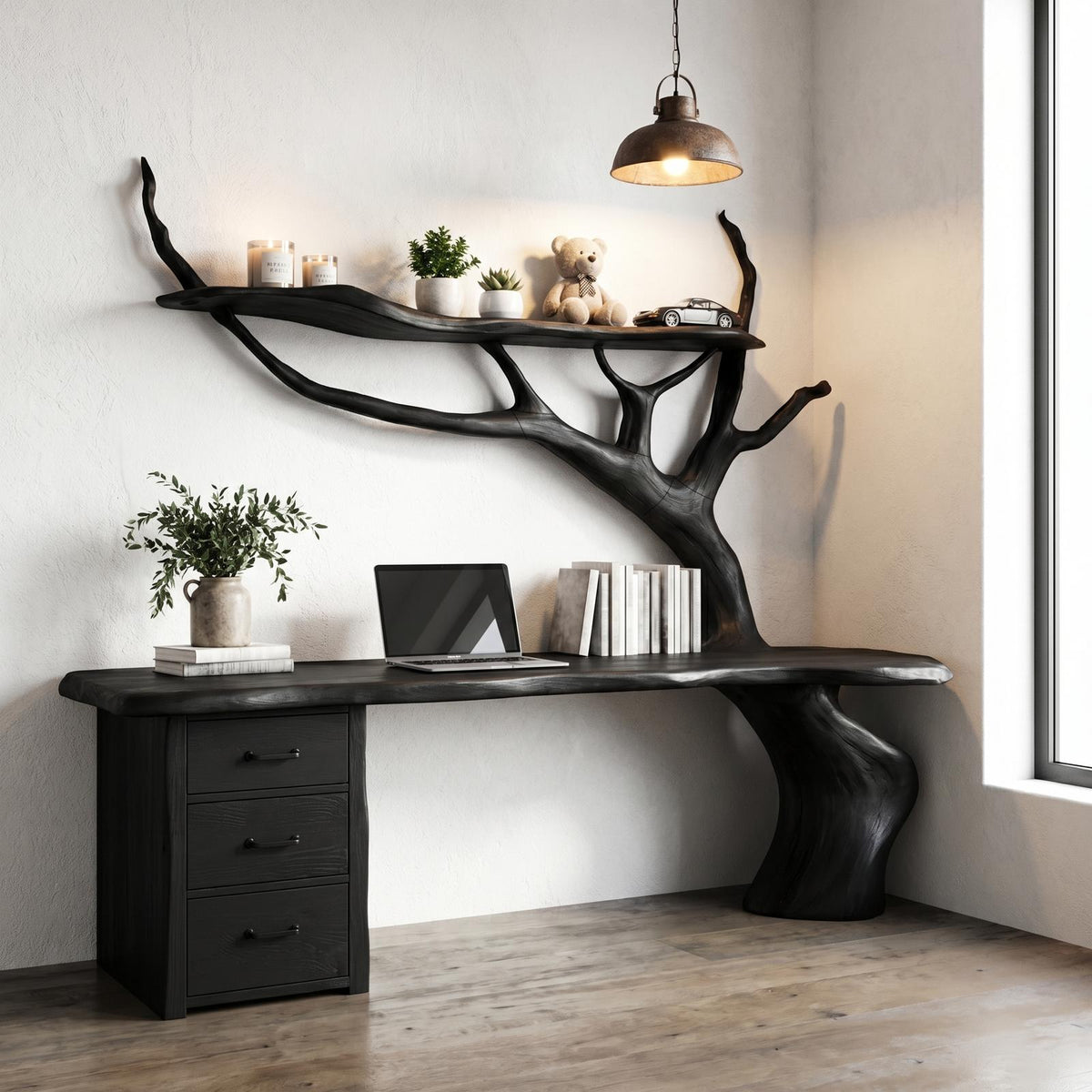 Nature-Inspired Tree Branch Desk, Sculptural Solid Wood Corner Workstation for Home Office, Study Table