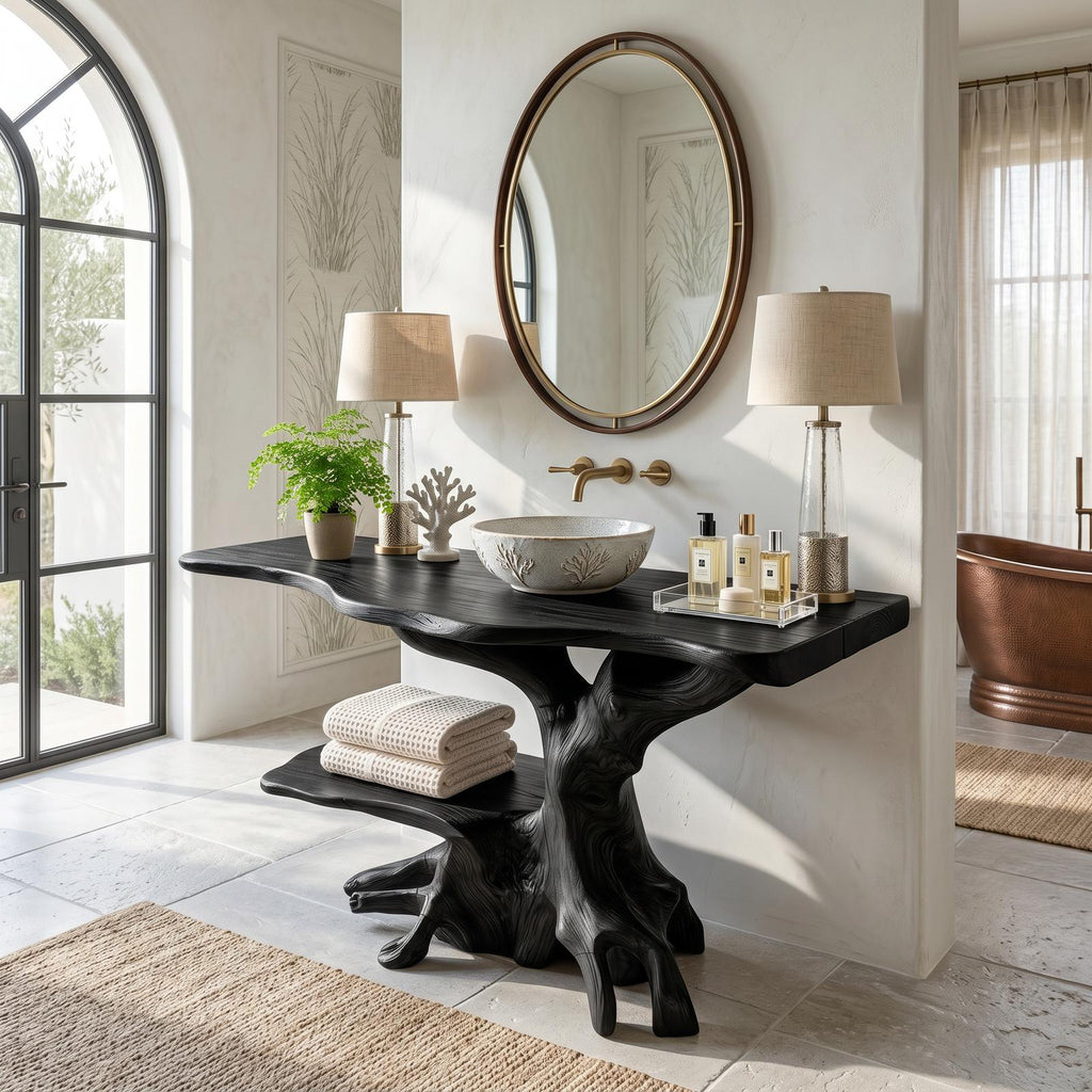 Spry Interior Farmhouse Live Edge Bathroom Vanity, Rustic Handcrafted Solid Wood Single Sink Vanity Cabinet with Storage Shelf, SILDTTRBRV122