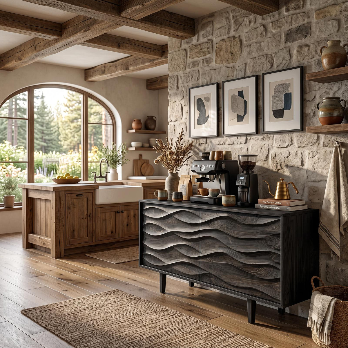 Contemporary Sideboard with Carved Wave Front Panels, Handcrafted Solid Wood Credenza Buffet Cabinet for Home, Model