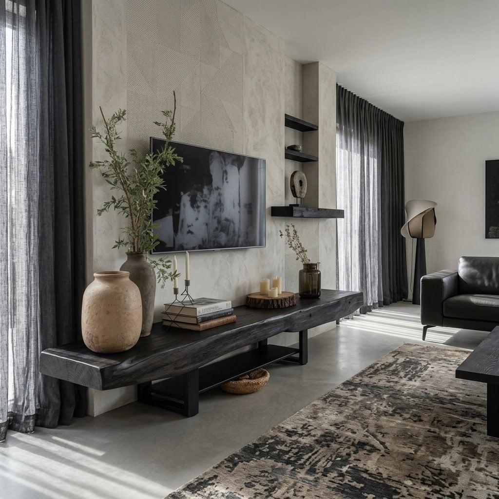 Rustic TV Shelf With Metal Legs For Minimalist Living Room