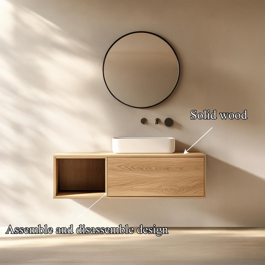 Spry Interior Floating Bathroom Vanity Cabinet, Rustic Minimalist Solid Wood Single Washstand Shelf, Wall Mounted Bathroom Storage SINLSABRV240