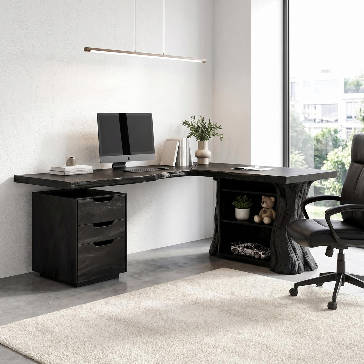 Organic Tree Branch Corner Desk with Integrated Floating Wall Shelf, Solid Wood Home Office Workstation