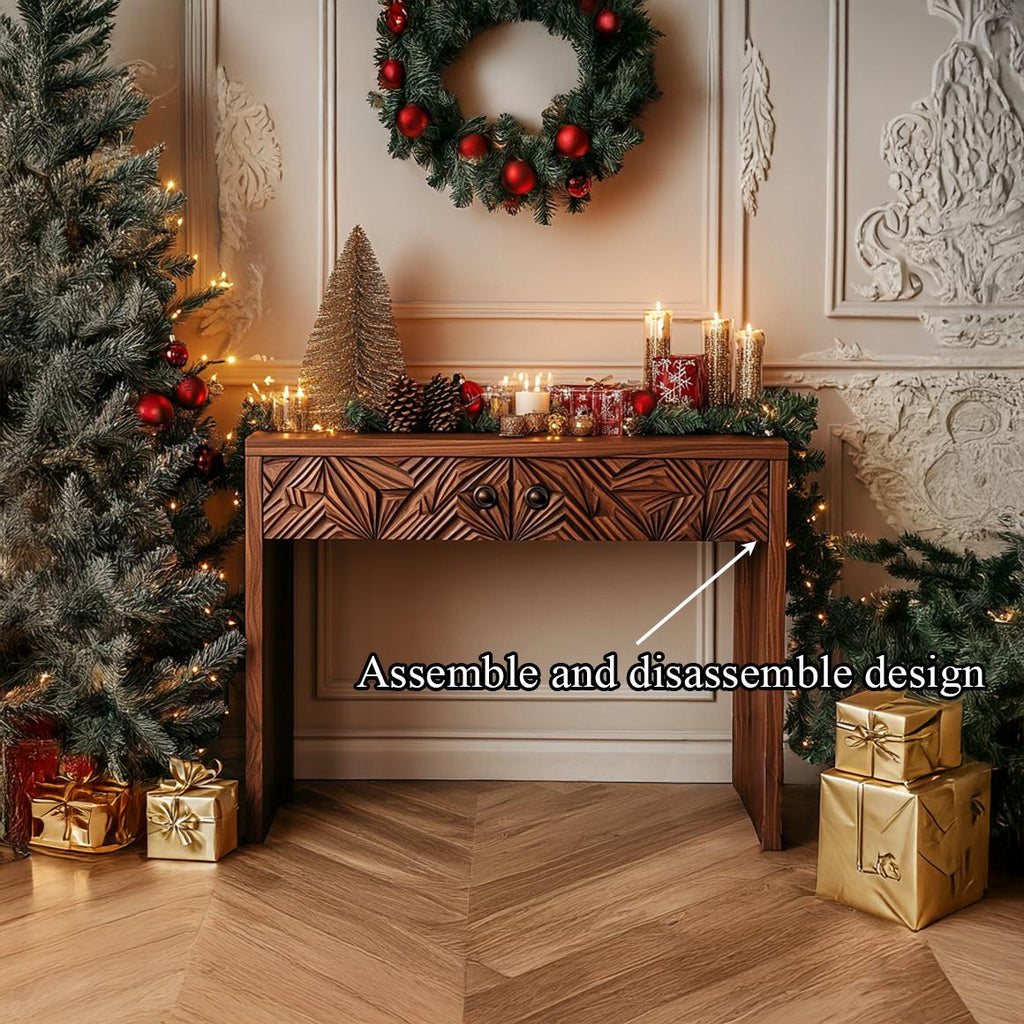 Rustic Carved Console Table, Handcrafted Solid Wood Entryway Table, Unique Foyer Holiday Display Table