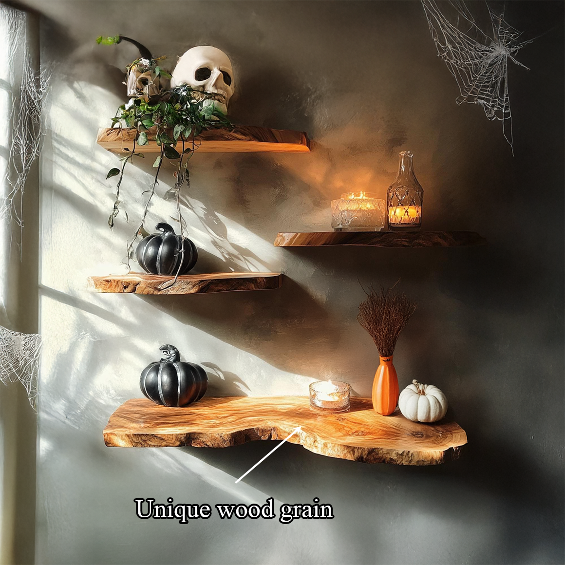 Rustic Floating Shelf, Wooden Tree Branch Wall Mounted Shelf, Spooky Gothic Halloween Wall Art Display Decor