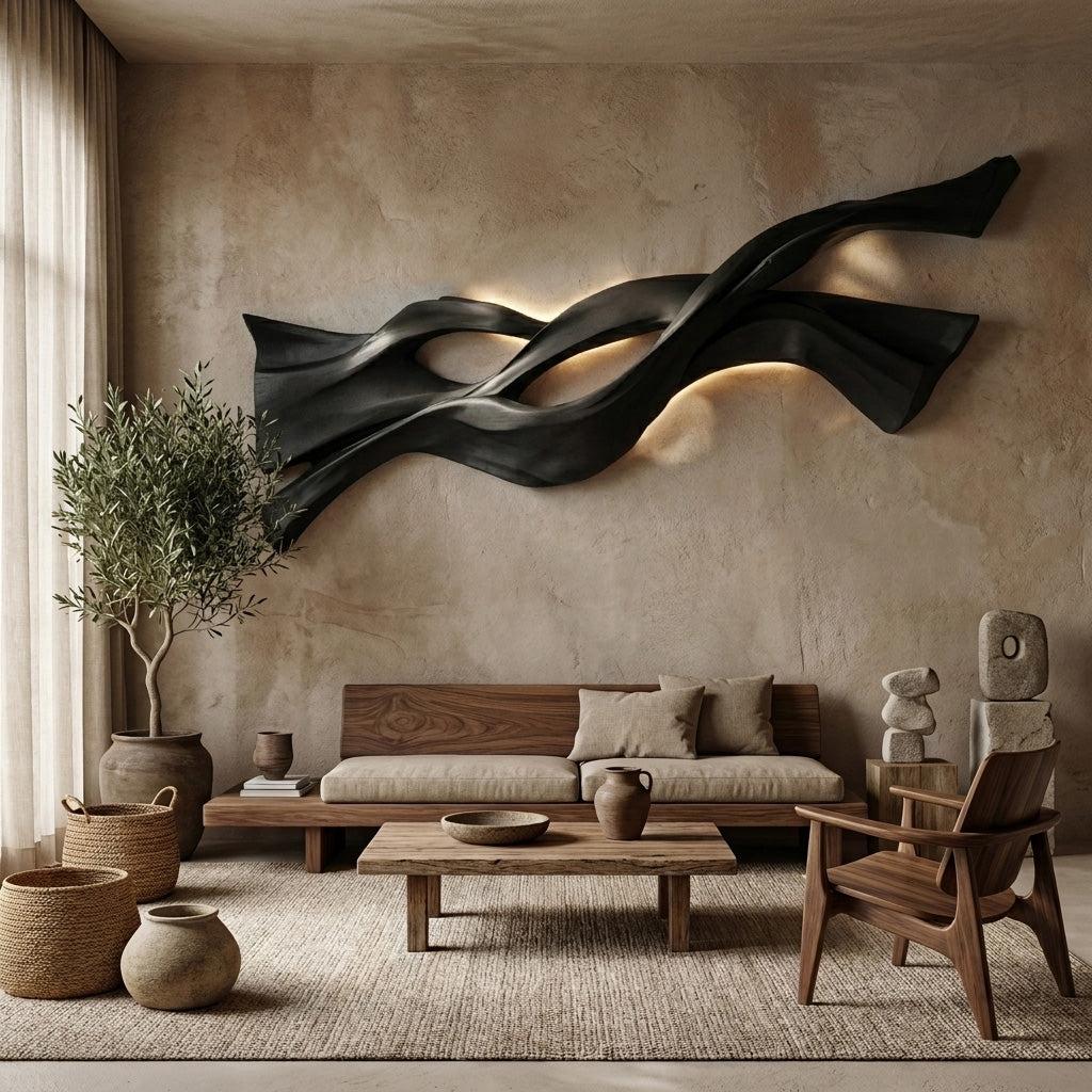 Contemporary Wood Wall Art, Flowing Abstract Wave Design 3D Carved Wood Sculpture for Living Room Decor