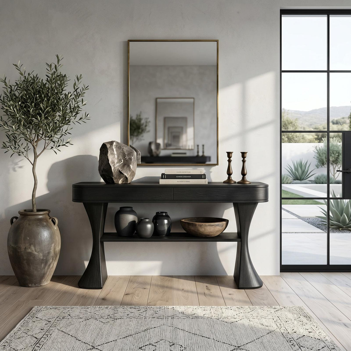 Scandinavian Sculptural Wood Console Table For Entryway