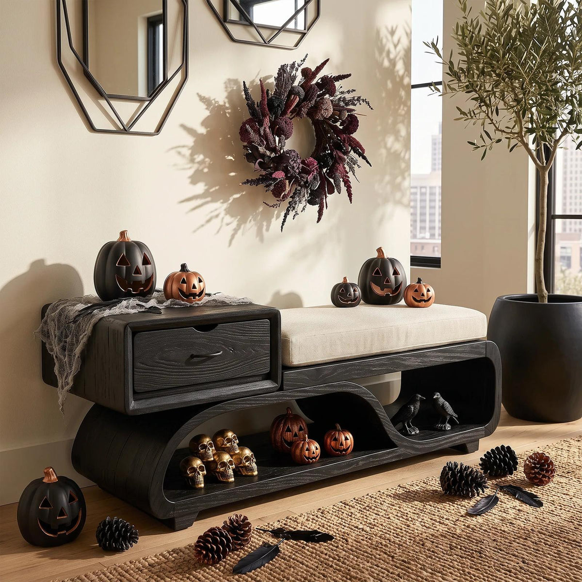 Mid Century Storage Bench Cushion Shelf For Halloween Home Decor