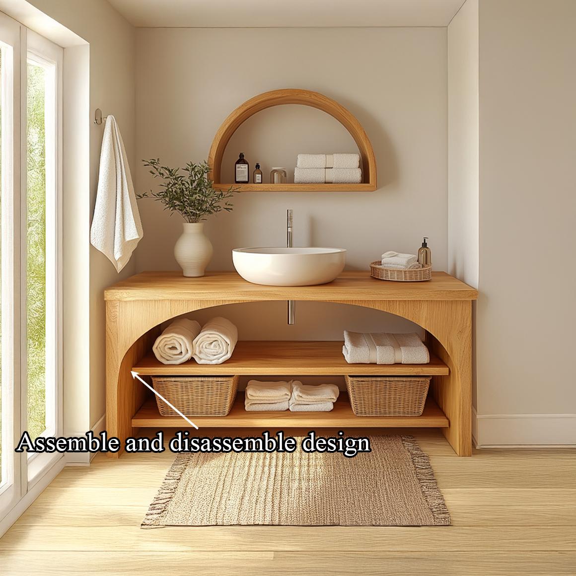 Spry Interior Minimal Wooden Bathroom Vanity Cabinet, Handcrafted Open Shelving and Storage Console for Modern Powder Room, SINLSABRV204