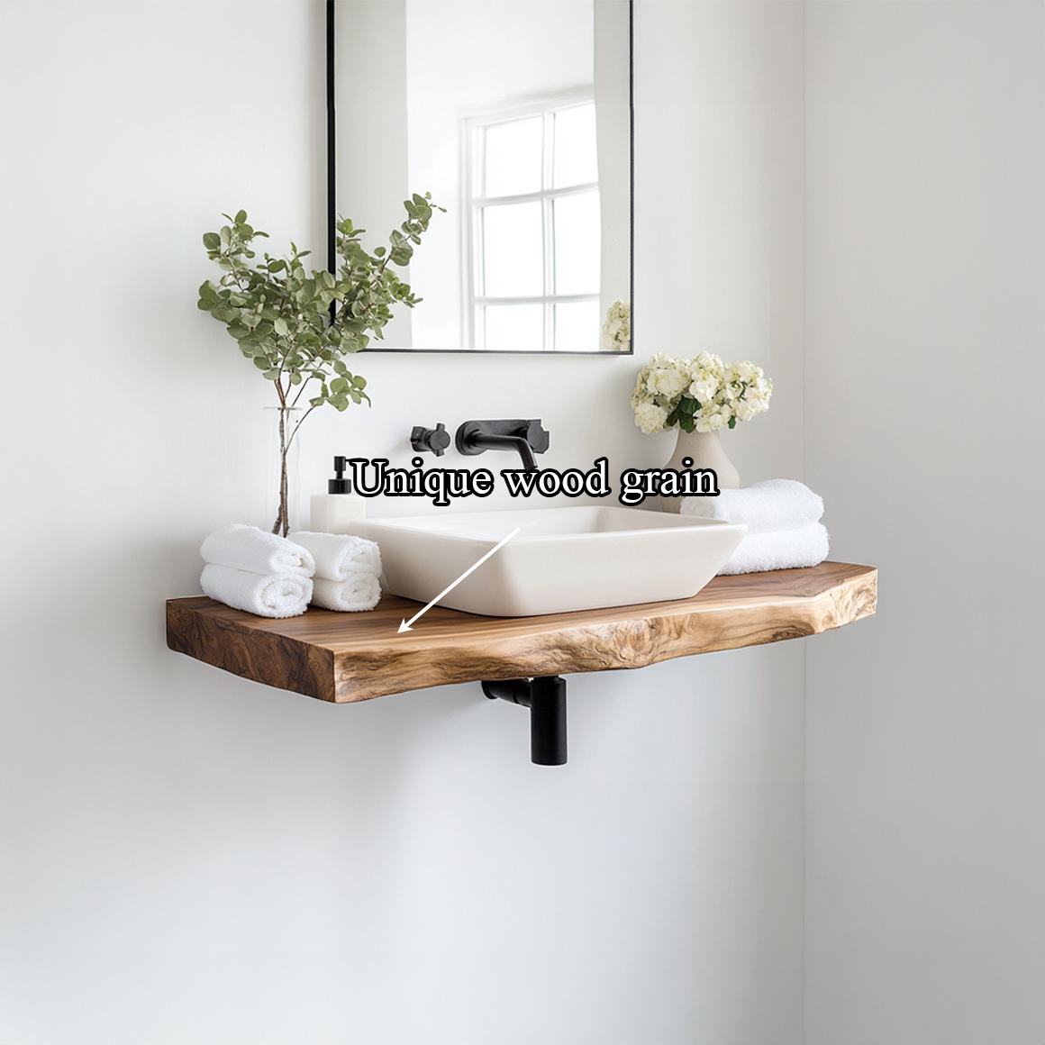 Spry Interior Mid Century Floating Bathroom Vanity Shelf, Natural Solid Wood Single Washstand, Wall Mounted Bathroom Storage Console SINLSABRV225