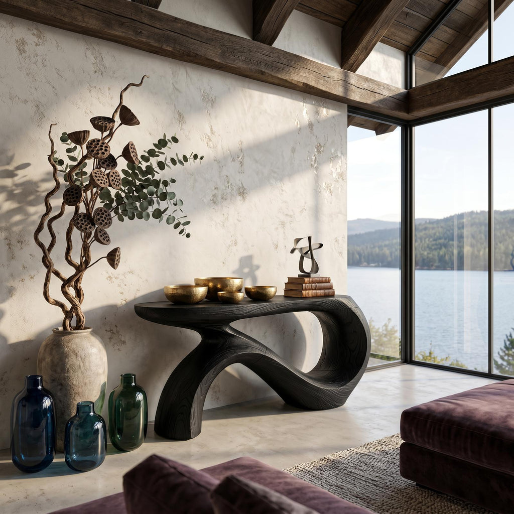 Modern Curved Console Table, Solid Wood Entryway Accent Sofa Table for Living Room