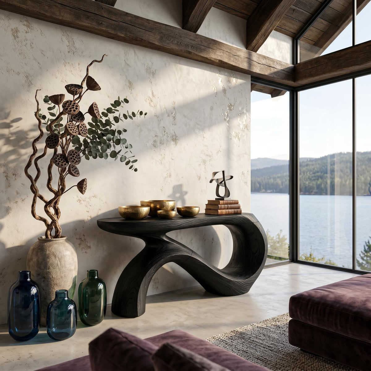 Modern Curved Console Table, Solid Wood Entryway Accent Sofa Table for Living Room