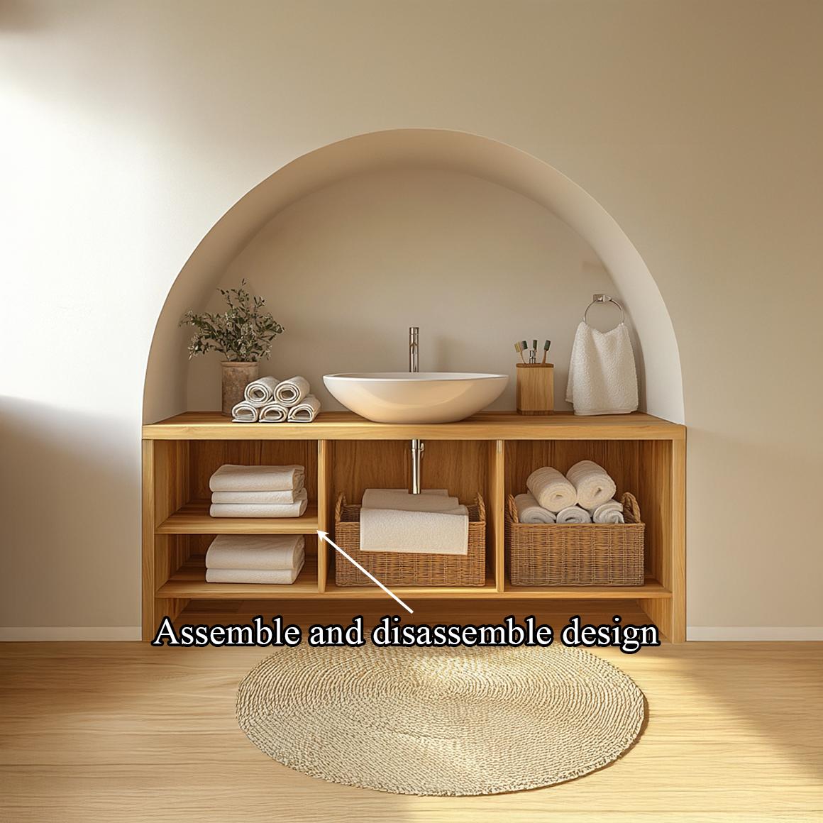 Spry Interior Wooden Bathroom Storage Cabinet with Open Shelves, Handcrafted Natural Wood Linen Tower Organizer for Modern Bathroom, SINLSABRV205