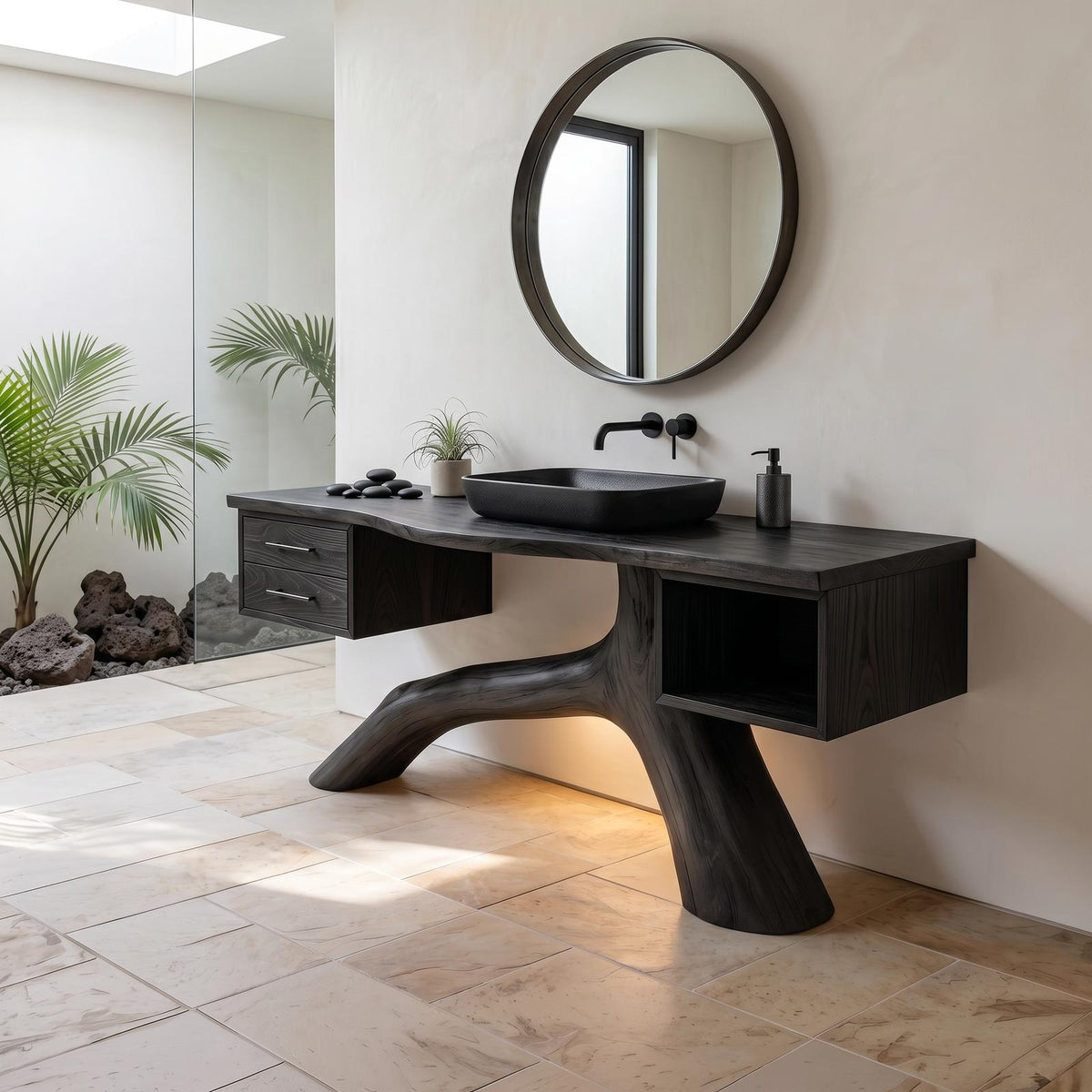 Tropical Double Sink Wood Vanity with Storage, Handcrafted Solid Wooden Cabinet for Luxury Resort Bathroom