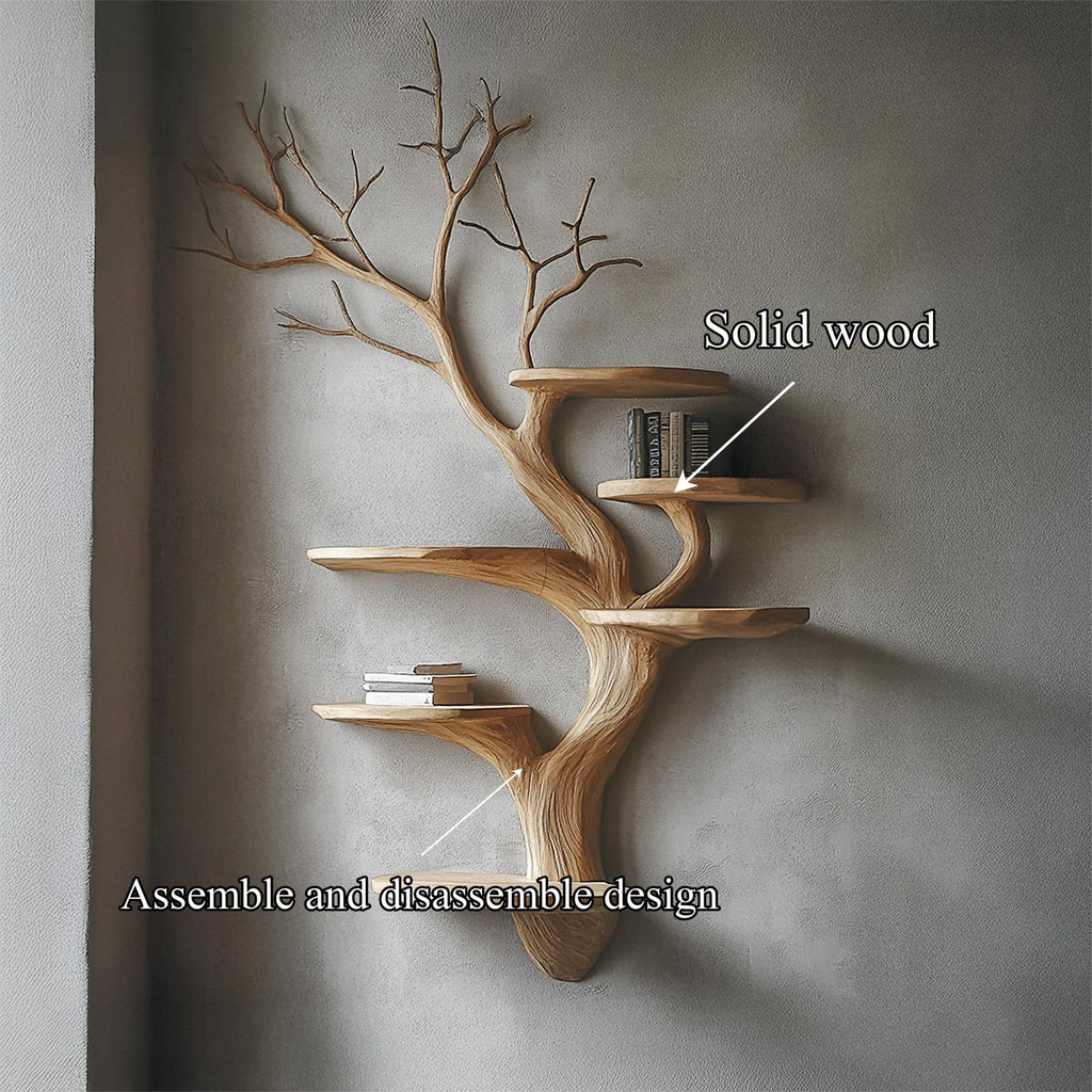 Organic Modern Wood Tree Display Shelf, Handcrafted Floating Branch Wall Mounted Bookcase for Living Room Art