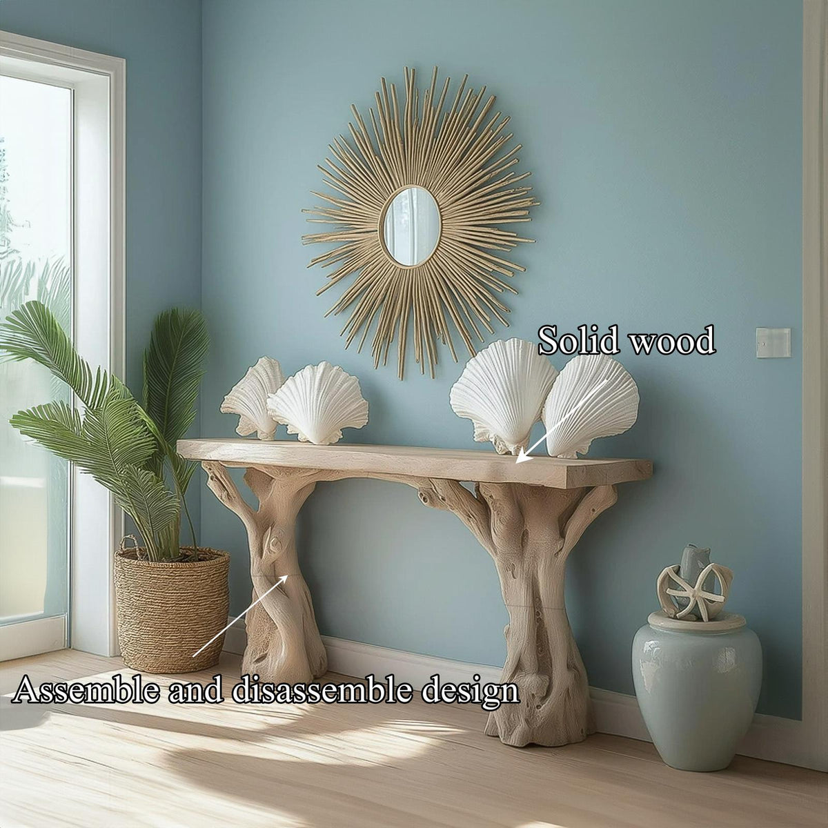 Beach Inspired Wooden Console Table Handcrafted Tree Form Design