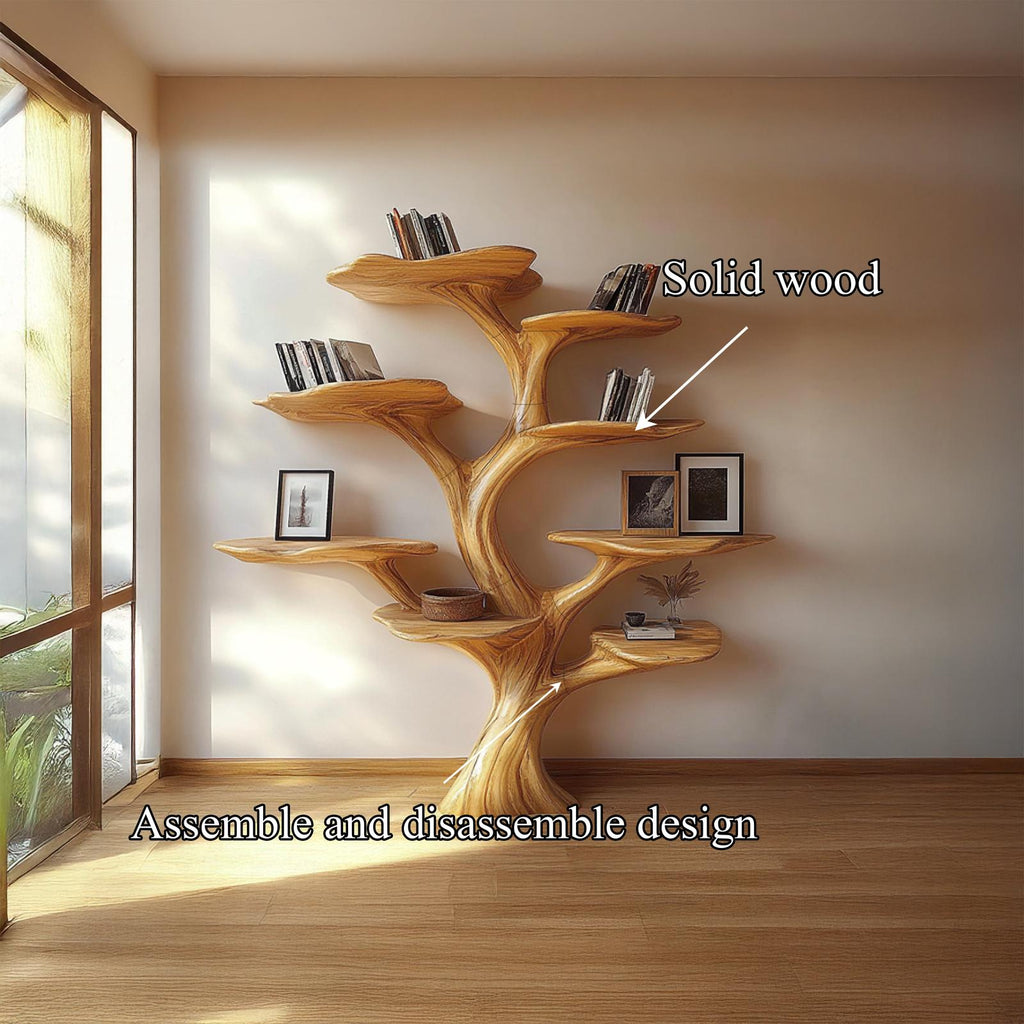 Rustic Mushroom Shaped Tree Bookshelf, Solid Wood Decorative Bookcase & Wall Organizer for Office & Living Room Decor