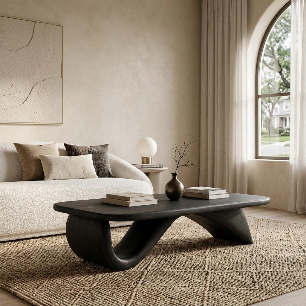 Spry Interior Organic Wooden Coffee Table with Sculpted Curved Base, Modern Mid-Century Center Table, Model RTTHHNCF064